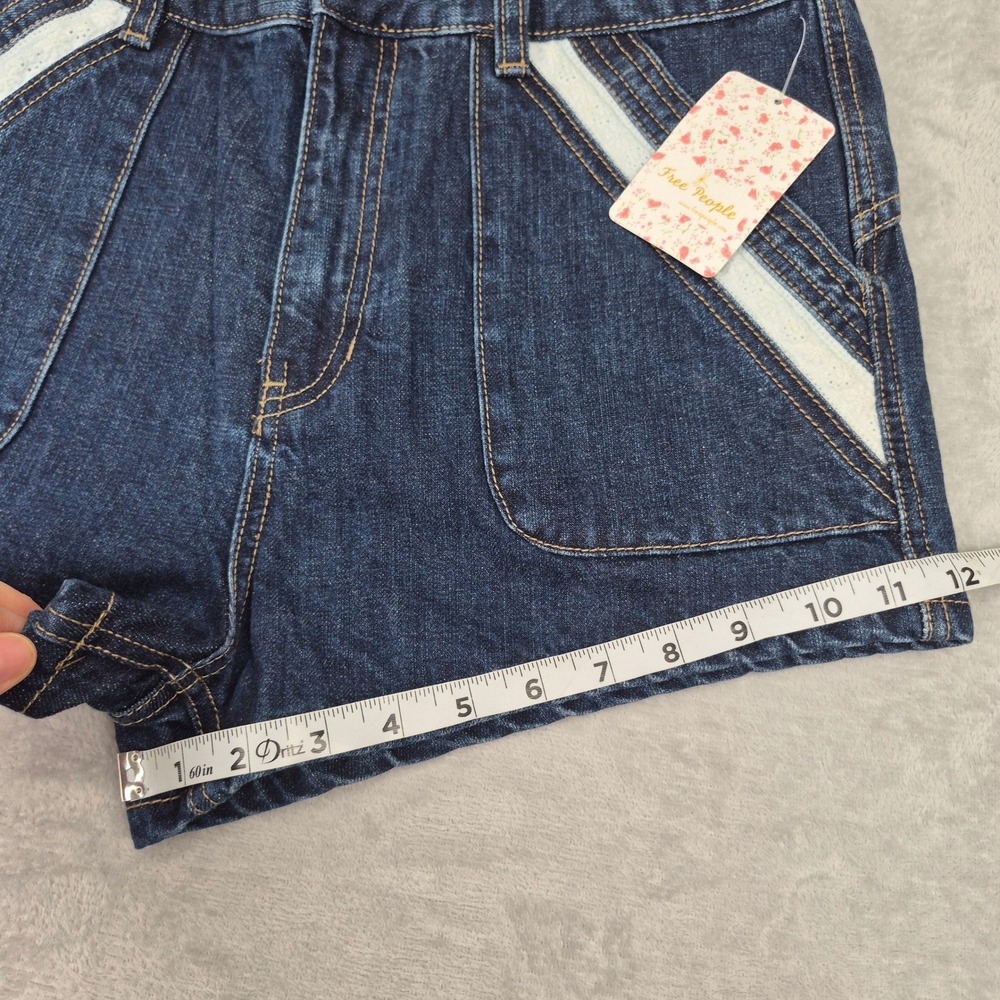 NWT Free People 30 (32) Eyelet Lace Trim High Rise Denim Shorts Dark Wash 2 1/2" - Picture 3 of 11